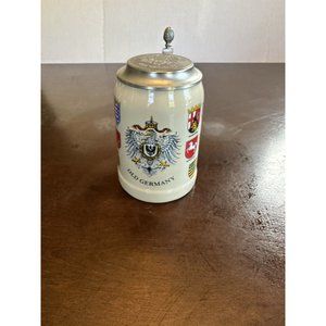 Vintage Old Germany Ceramic Beer Stein With Pewter Lid  0.5L
